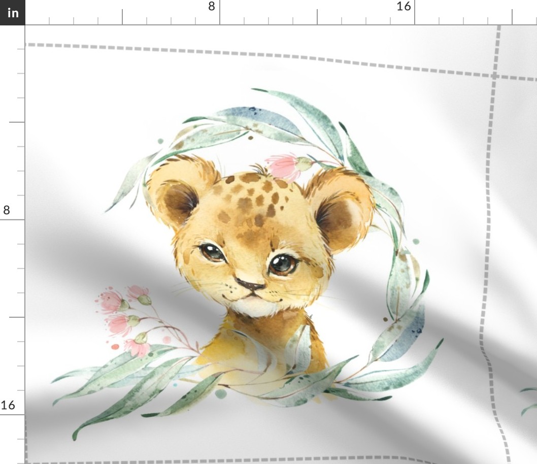 18” Lion Cub Floral Pillow Front with dotted cutting lines