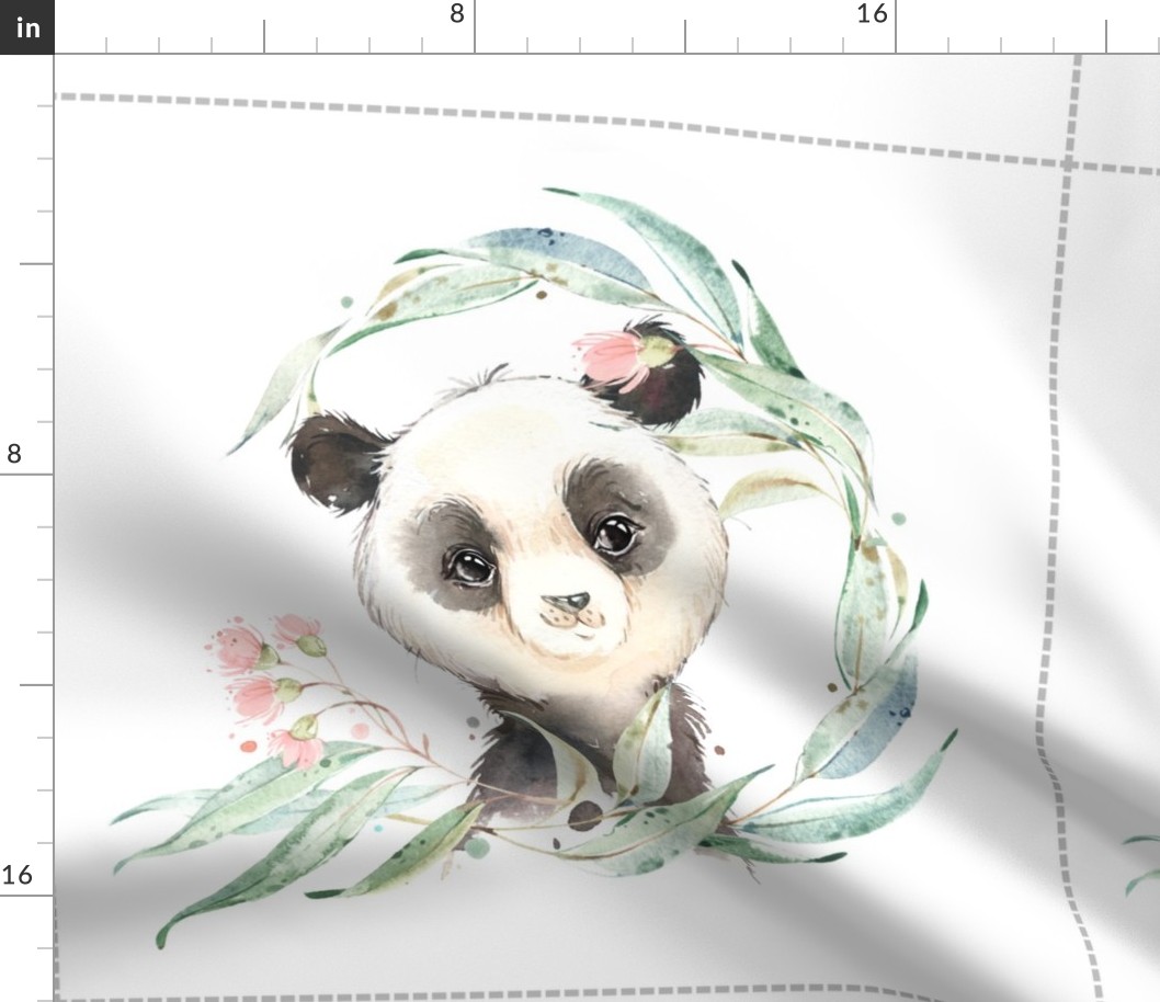 18” Panda Floral Pillow Front with dotted cutting lines