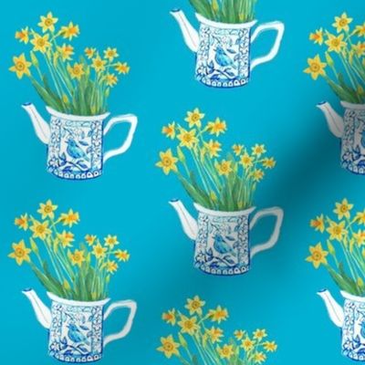 Watercolour Daffodils in teapot // watercolor daffodils in porcelain teapot