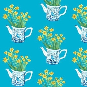 Watercolour Daffodils in teapot // watercolor daffodils in porcelain teapot