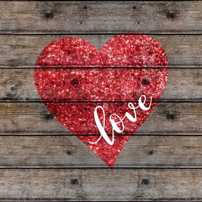 Red Glitter Heart Love on Barnwood - 18 inch square