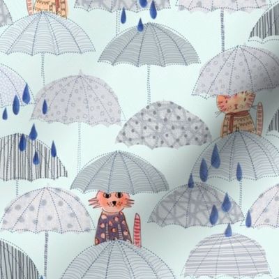 Love Cats with umbrella rain drops light baby blue background
