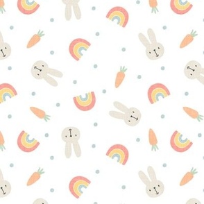 bunnies, rainbows, and carrots - pastels with light blue polka dots on white - spring and easter - LAD21