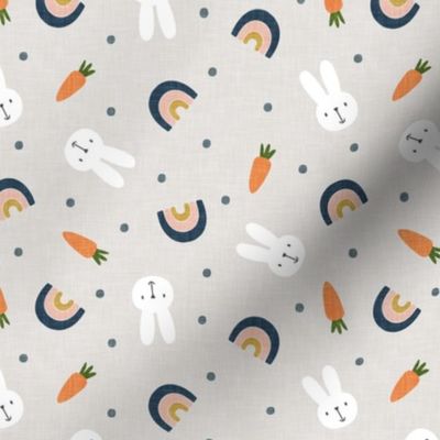 bunnies, rainbows, and carrots - blue polkas on beige - spring and easter - LAD21