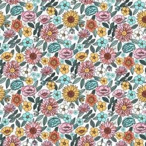 TINY Happy flowers fabric - spring floral, baby girl floral, spring flowers fabric, floral fabric, 70s floral, retro floral - white