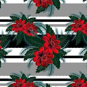  Red flowers on black and gray stripes.