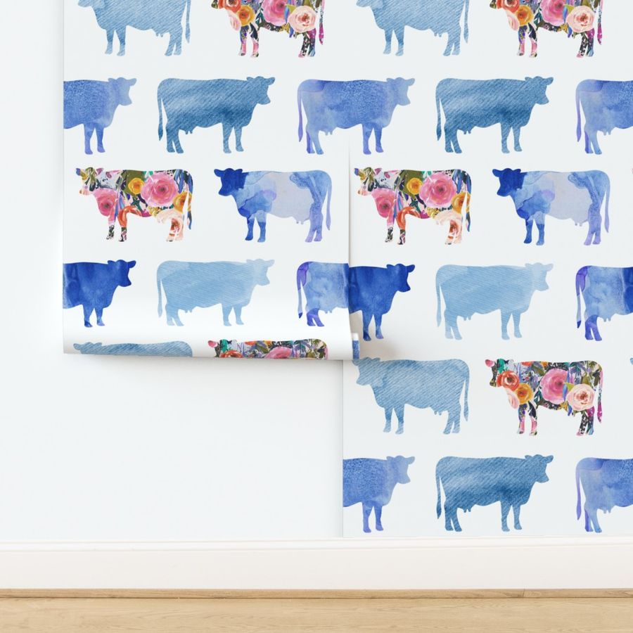 blue floral + watercolor cows