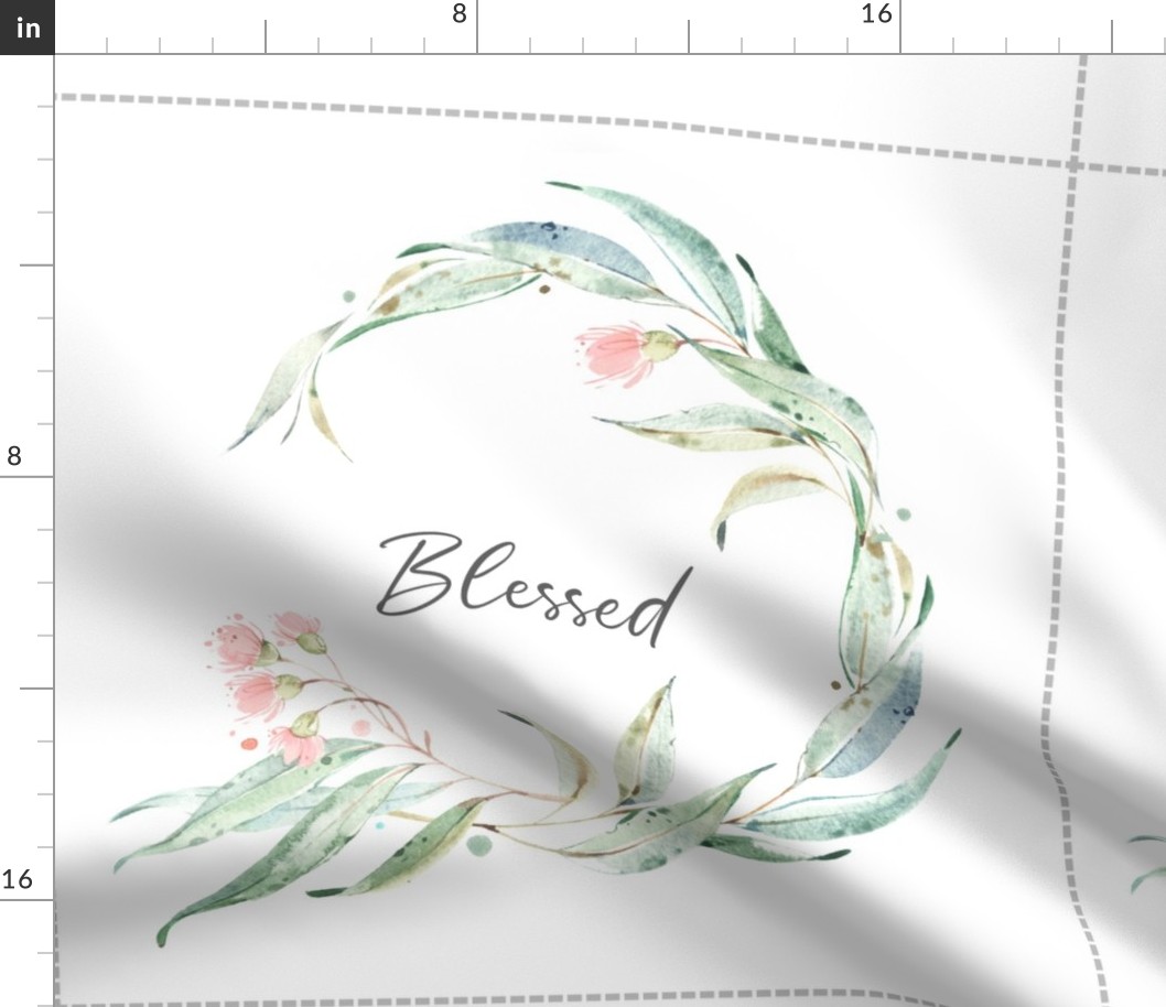 18” Blessed Floral Wreath Pillow Front with dotted cutting lines