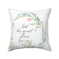 18” God has Great Plans for Me Floral Wreath Pillow Front with dotted cutting lines
