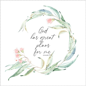 18” God has Great Plans for Me Floral Wreath Pillow Front with dotted cutting lines