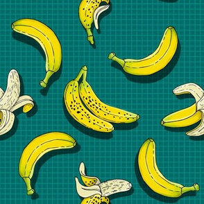 Bananas Fruits Pattern on Green Checkered
