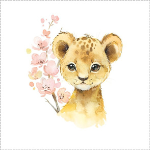 18” Lion Cub Floral Pillow Front with dotted cutting lines