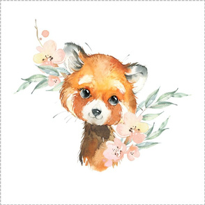 18” Red Panda Floral Pillow Front with dotted cutting lines