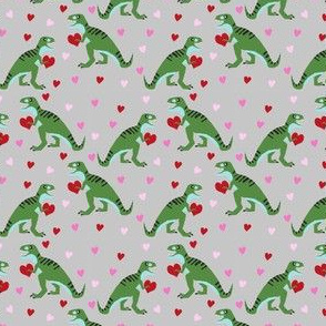 SMALL dinosaur valentines day pattern fabric - cute dino valentines, dinosaur valentines day,, pink and red dinos, cute dinosaurs - grey