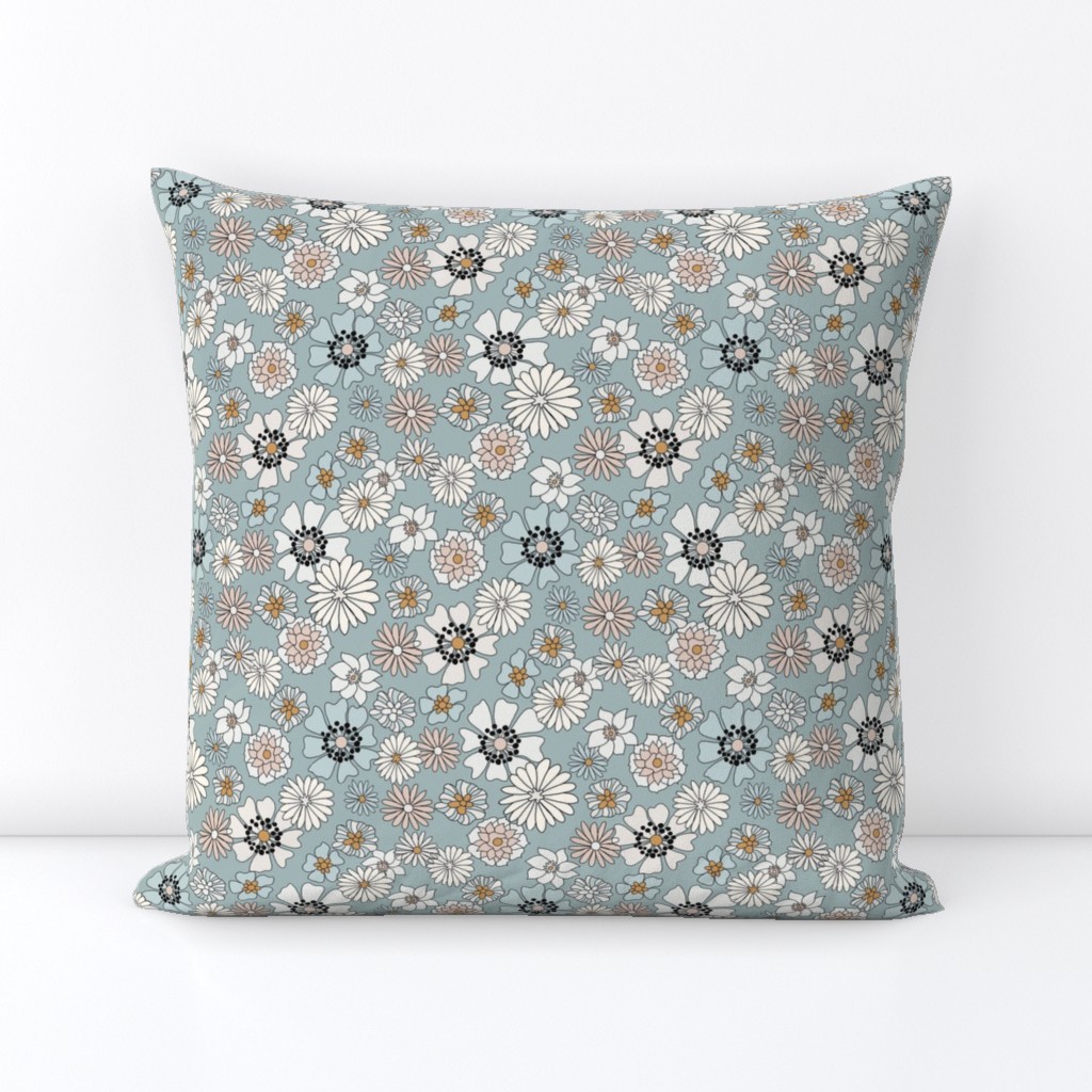 boho floral fabric - retro 70s floral fabric, neutral trend -dusty blue