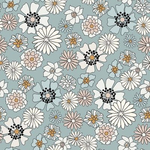 boho floral fabric - retro 70s floral fabric, neutral trend -dusty blue
