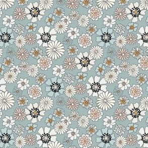SMALL boho floral fabric - retro 70s floral fabric, neutral trend -dusty blue
