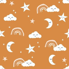 boho moon and stars fabric - neutral trendy nursery fabric - caramel