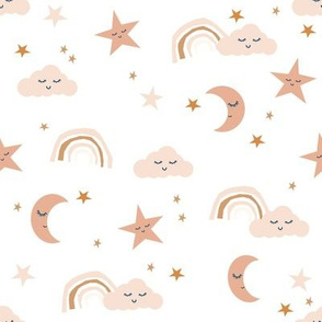 boho moon and stars fabric - neutral trendy nursery fabric -white