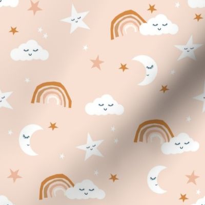 boho moon and stars fabric - neutral trendy nursery fabric -latte