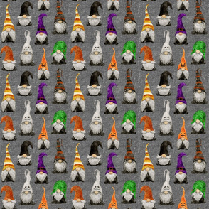 Halloween Gnomes on Grey Linen - between small and medium scale 