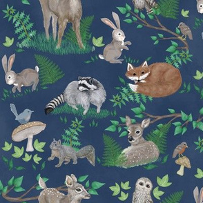 Tiny Woodland Creatures On Dark Blue