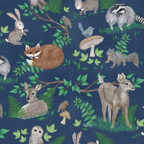 Tiny Woodland Creatures On Dark Blue