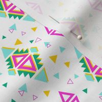 Tribal geometric pattern with green and pink diamond shapes