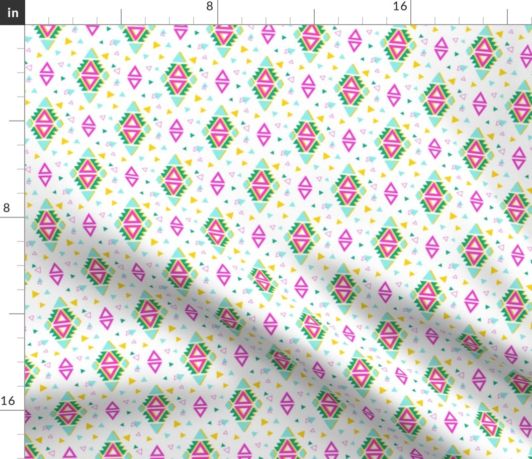 Tribal geometric pattern with green and pink diamond shapes