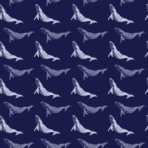 Hand-drawn whales swimming in the deep ocean - cyan and navy blue 