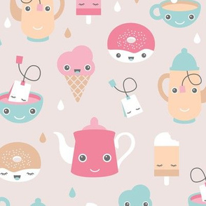 Sweet tea time kawaii style tea pot ice cream donuts and cups soft pastel pink blue