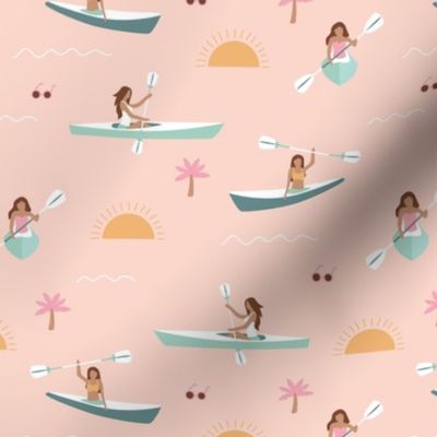 Sunshine day girls canoe trip tropical kayaking adventures island waves summer vibes print beige pink blue