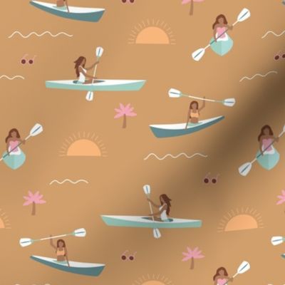 Sunshine day girls canoe trip tropical kayaking adventures island waves summer vibes print cinnamon pink mint vintage