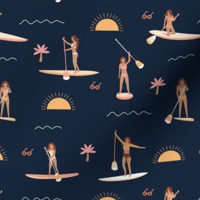 Sunshine day girls peddle boards trip tropical kayaking adventures island waves summer vibes print vintage navy blue