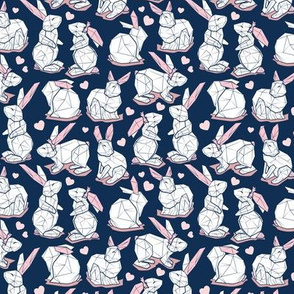 Tiny scale // Geometric Easter bunnies // midnight blue background white rabbits with pastel pink ears blue lines and pink ice hearts
