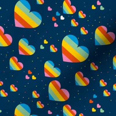 Rainbow love planets hearts confetti pride gay universe on navy blue rotated diagonal