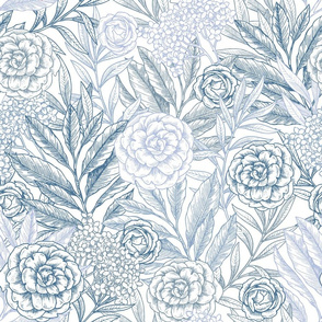 Peony botanical blue pattern