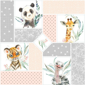 Animal Kingdom Floral Blanket Quilt – Girls Jungle Safari Animals Blanket, Patchwork Quilt R, pink blush + gray