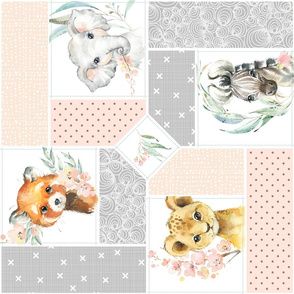 Animal Kingdom Floral Blanket Quilt – Girls Jungle Safari Animals Blanket, Patchwork Quilt R rotated, pink blush + gray