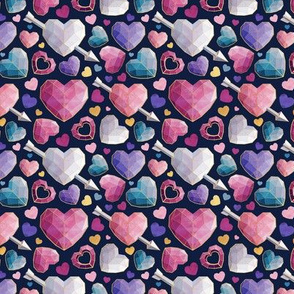 Tiny scale // Geometric Valentine's hearts // navy blue background pink violet and teal hearts golden lines