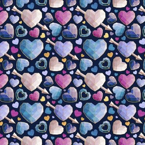 Tiny scale // Geometric Valentine's hearts // navy blue background violet blue pink hearts golden lines