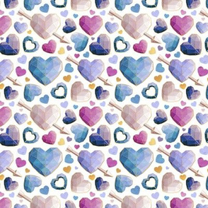 Tiny scale // Geometric Valentine's hearts // white background violet blue pink hearts golden lines