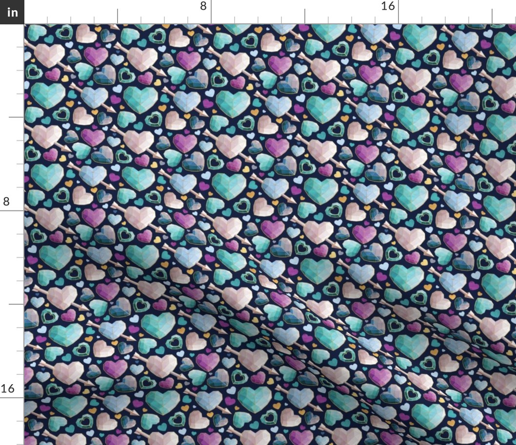 Tiny scale // Geometric Valentine's hearts // navy blue background violet blue aqua hearts golden lines