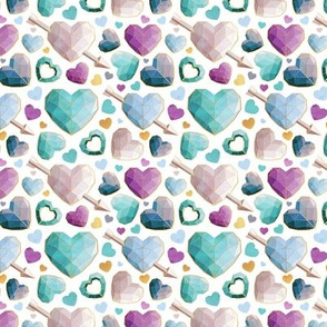 Tiny scale // Geometric Valentine's hearts // white background violet blue aqua hearts golden lines