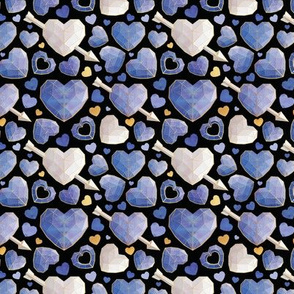 Tiny scale // Geometric Valentine's hearts // black background indigo blue hearts golden lines