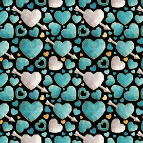 Tiny scale // Geometric Valentine's hearts // black background aqua and mint hearts golden lines