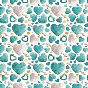 Tiny scale // Geometric Valentine's hearts // white background aqua and mint hearts golden lines