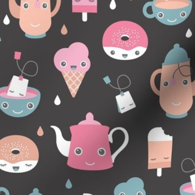 Sweet tea time kawaii style tea pot ice cream donuts and cups soft pastel pink charcoal gray