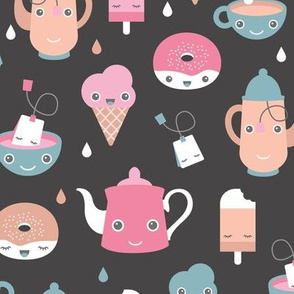 Sweet tea time kawaii style tea pot ice cream donuts and cups soft pastel pink charcoal gray