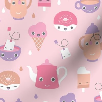 Sweet tea time kawaii style tea pot ice cream donuts and cups soft pastel pink 